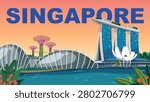 Vibrant flat vector travel poster of Singapore skyline landmarks against a sunset gradient