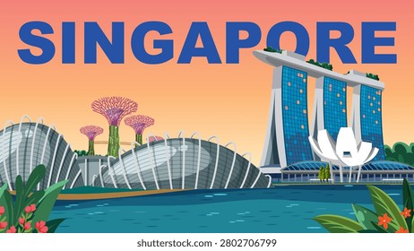 Vibrant flat vector travel poster of Singapore skyline landmarks against a sunset gradient