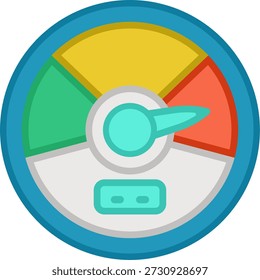 Un ícono vibrante de diseño plano de un velocímetro o indicador con una aguja que apunta a una sección de color, que representa la medición o el rendimiento.