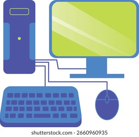 Ilustração vibrante de design plano de uma configuração completa de desktop, com torre, monitor com tela verde brilhante, teclado e mouse, todos conectados. Perfeito para tecnologia e escritório.