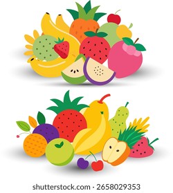 Vibrante ilustración plana de frutas frescas surtidas: plátanos, fresas, piña y más; concepto de alimentación saludable.