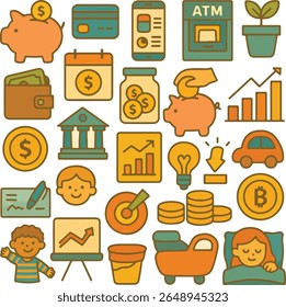 A vibrant flat-style cartoon icon bundle focused on financial education for children. Includes piggy banks, credit cards, budgeting, ATM, bank buildings, savings jars, bar charts, coins.
