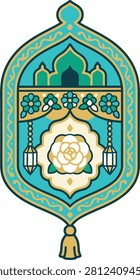 A vibrant, flat-style digital illustration depicting an ornate Islamic archway adorned with intricate floral patterns, hanging lanterns, and a central rose.
