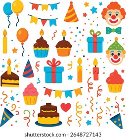 Um vibrante conjunto de ícones de estilo plano com elementos coloridos de aniversário, incluindo bolos, velas, balões, cupcakes, caixas de presente, chapéus de festa, palhaços, confetes e decorações festivas.