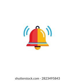 A vibrant, flat-style illustration of a ringing notification bell. The bell is split vertically with a red left side and a yellow right side, featuring a blue stripe near the bottom. Blue curved lines on both sides represent sound waves, indicating an active alert or alarm. The icon is centered on a clean, white background, making it suitable for user interface design and digital notifications.