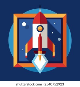 A vibrant, flat-style illustration of a rocket ship taking off against a dark blue space background. Perfect for projects related to innovation, space exploration, or technology.