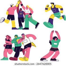 Vibrant flat-style illustrations of sporty runners, coaches, and race moments for athletic and community-themed visuals.