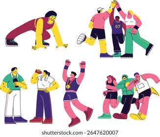 Vibrant flat-style illustrations of sporty runners, coaches, and race moments for athletic and community-themed visuals.
