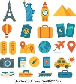 A vibrant flat-style travel icon collection featuring landmarks, passports, luggage, airplane, tickets, maps, and transportation. Perfect for travel blogs, booking apps, tour guides.