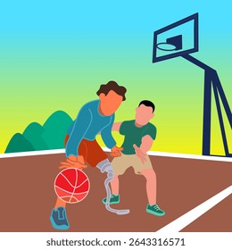 A vibrant flat-style vector illustration of a basketball match featuring a player with a prosthetic leg, being defended on an outdoor court, artwork highlights inclusion, diversity, disability
