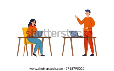 A vibrant flat-style vector illustration capturing a collaborative work atmosphere: a female professional focused on her laptop at a desk, while a male colleague stands nearby gesturing and sharing ideas. Perfect for teamwork, office collaboration, modern workplace, remote work, brainstorming, productivity, or positive work environment concepts. 
