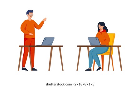 Una vibrante Ilustración vectorial de estilo plano de un entorno de oficina moderno: un profesional masculino de pie y explicando ideas con un gesto, mientras una colega se sienta enfocada en su escritorio trabajando en una computadora portátil. Ideal para el lugar de trabajo híbrido, la colaboración remota, la cultura empresarial moderna, la comunicación en equipo, la productividad, el coworking o los conceptos contemporáneos de vida de oficina. 