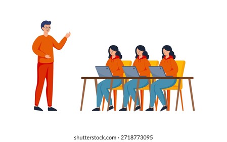 Una vibrante Ilustración vectorial de estilo plano de una presentación de oficina: un presentador masculino confiado que hace gestos y explica mientras tres atentos colegas se sientan en una mesa larga con computadoras portátiles. Perfecto para conceptos de negocios, reuniones corporativas, capacitación de equipos, seminarios, liderazgo, intercambio de conocimientos o colaboración moderna en el lugar de trabajo. 