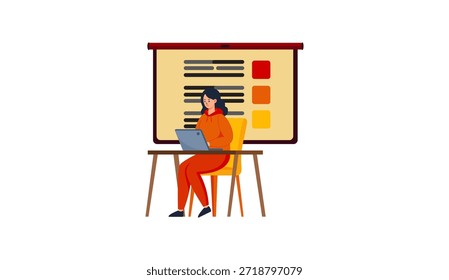 Uma vibrante ilustração vetorial em estilo plano de uma mulher profissional que faz uma apresentação de negócios, sentada em uma mesa com um notebook e apontando para uma grande placa com gráficos e dados. Ideal para treinamento corporativo, seminário on-line, estratégia de negócios, webinar, apresentação de marketing, trabalho remoto ou conceitos modernos de desenvolvimento profissional. 