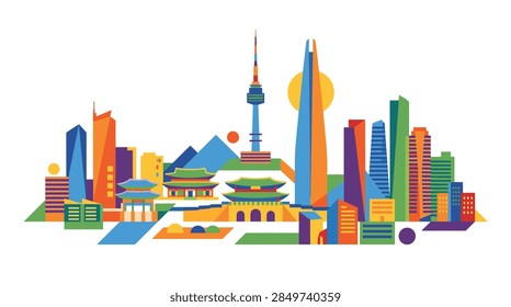 A vibrant, flat-style vector illustration representing the Seoul city skyline in South Korea. The artwork includes a mix of contemporary skyscrapers, a prominent telecommunications tower, and historic Korean palace structures. The design utilizes sharp geometric shapes and a multi-colored palette of orange, blue, green, and yellow against a clean white background.