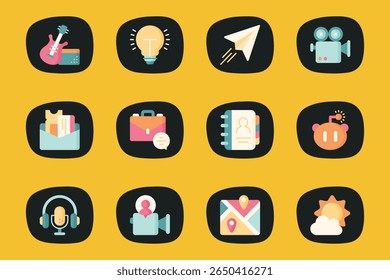 A vibrant flat-style vector illustration showcasing 12 creative and colorful icons on black rounded backgrounds, representing media, business, technology, and weather concepts for modern UI UX design.