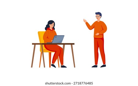 Una vibrante Ilustración vectorial de estilo plano que muestra una nueva discusión sobre un proyecto empresarial: una profesional femenina trabajando enfocada en una computadora portátil en un escritorio mientras un colega masculino se para cerca gesticulando y explicando ideas. Perfecto para conceptos de inicio, colaboración en equipo, planificación de proyectos, lluvia de ideas de negocios, innovación o comunicación moderna en el lugar de trabajo. 