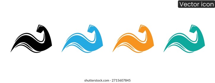 Iconos vibrantes del brazo flexionado en cuatro colores, transmitiendo fuerza y energía