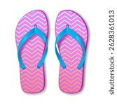 Vibrant flipflops with blue straps feature a zigzag pattern in pink and yellow. Ideal summer footwear evokes beach vibes. Perfect for casual wear under sunny skies.