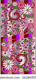 Vibrant floral abstract pattern with bold red, pink, and white tones. Features stylized flowers, swirling motifs, and layered textures over vertical stripes. Perfect for fabric prints, wallpapers.