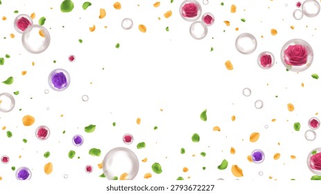Vibrant floral backdrop featuring colorful pink and purple roses enclosed inside clear liquid bubbles skincare marketing, and luxury wellness banner templates.
