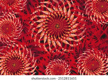 Vibrant floral backdrop in red tonality for textiles or fabrics. Exotic flowers for fashion trends, covers, scrapbooking, interior solutions, tiles, dynamic posters, invitation cards, wallpapers, etc.