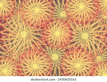 Vibrant floral backdrop in red-yellow tonality for textiles or fabrics. Flowering daisies for fashion trends, business concepts, covers, scrapbooking, interior solutions, tiles, posters, prints, etc.