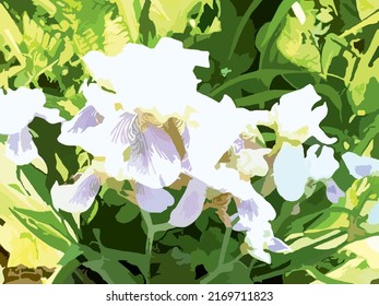 Vibrant floral background for textiles or fabric products. Blooming irises in daylight for interior solutions, wallpaper, covers, etc. Bright spring or summer greens