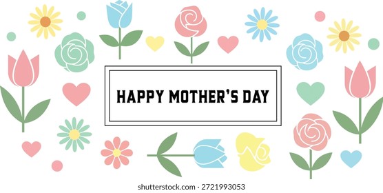 A vibrant floral border featuring roses, tulips, daisies, hearts on black background