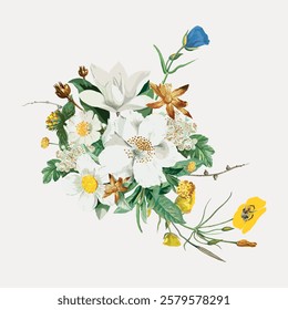 A vibrant floral bouquet with white, yellow, and orange flowers. Delicate petals and lush greenery. Floral arrangement with colorful flowers and leaves. Vintage flower illustration isolated, vector.