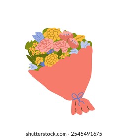 Vibrant floral bouquet wrapped in pink paper.