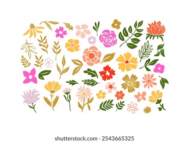 Vibrant Floral Collection Featuring a Variety of Hand-Drawn Flowers, Leaves, and Natural Elements, Perfect for Creative Projects Such as Invitations, Scrapbooking, and Digital Artwork