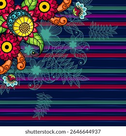 A vibrant floral design with intricate patterns and bright colors, ideal for decorative purposes or graphic resources.
