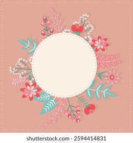 Vibrant floral elements create a decorative border around a blank center area against a pastel beige backdrop, ideal for invitations or announcements. Copy space Greeting card.