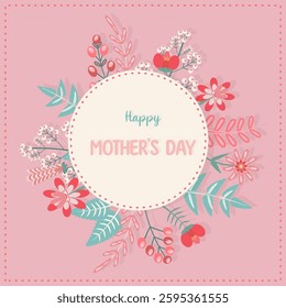 Vibrant floral elements create a decorative border around a blank center area against a pastel beige backdrop, ideal for invitations or announcements. Copy space Greeting card. Text Happy Mother's day
