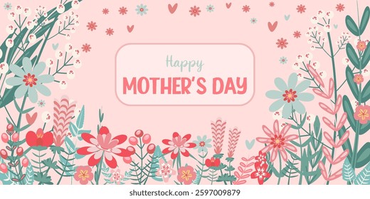 Vibrant floral elements create a decorative border along blank against pastel pink backdrop, ideal for invitations or announcements. Copy space Greeting card. Text Happy Mother's day