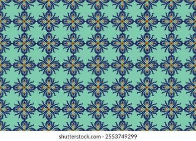 A vibrant floral fabric pattern featuring symmetrical navy-blue blossoms with golden accents on a refreshing turquoise background, creating a striking and elegant design