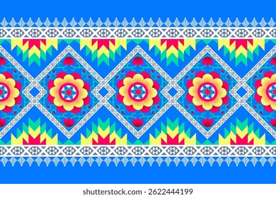Vibrant Floral Geometric Border Pattern
A bright and colorful horizontal border pattern featuring stylized floral motifs within geometric diamond shapes on a blue background. Includes zigzag and decor