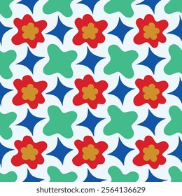 A vibrant floral and geometric pattern featuring red flowers, green shapes, and blue stars on a white background, perfect for textile and graphic design.
