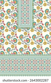 Vibrant floral and geometric pattern, a modern twist on traditional motifs. Lush blossoms in yellow, teal, pink, with intricate borders. Ideal for apparel, home decor, and digital art.