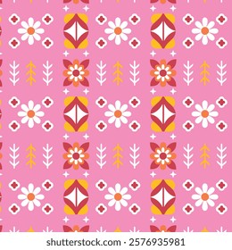 Vibrant Floral and Geometric Pattern with Pink Background