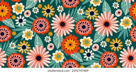 Vibrant Floral Half Drop Pattern on a Deep Teal Background featuring Stylized Flowers in Pink, Red, Orange, Yellow, and White with Navy centers. Ideal for Textile Design, Wallpaper, or Packaging.