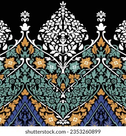 A vibrant floral idian mughal inspired border pattern on a black background
