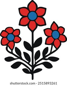vibrant floral illustration, colorful Blue and red flowers, clean white background.