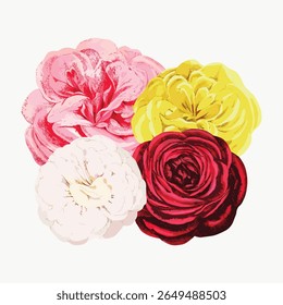 Ilustração floral vibrante com flores rosa, amarelas, brancas e vermelhas. Flores coloridas em flor. Lindo floral com pétalas rosa, amarela, branca e vermelha. Vetor de ilustração de flor vintage.