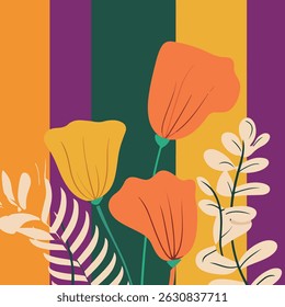 A vibrant floral illustration featuring stylized flowers and leaves against a background of bold, contrasting color stripes. Modern and eye-catching.
