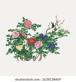Vibrant floral illustration with pink, red, and blue flowers. Detailed botanical art with lush green leaves. Colorful flowers and leaves in artistic design. Vintage art illustration vector.