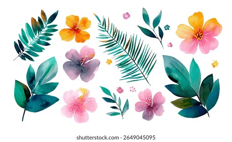 Arranjo floral e foliar vibrante em estilo aquarela.