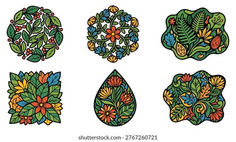 Vibrant floral mandala patterns with circular symmetry and vivid petals and leaves