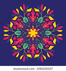 Vibrant floral mandala vector illustration with intricate symmetrical patterns. A colorful, decorative design perfect for digital art, textiles, backgrounds, and creative projects.